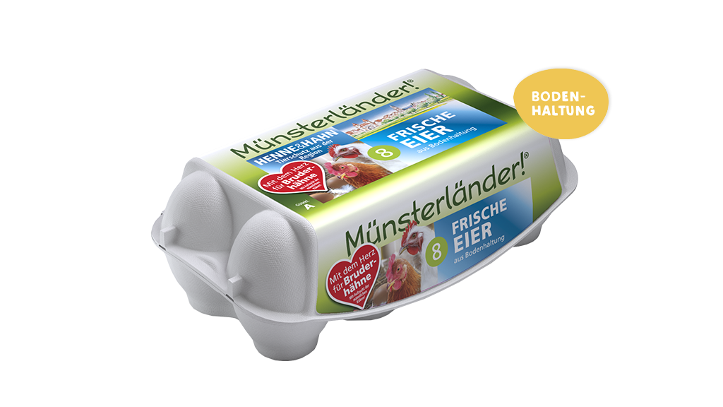 "Henne & Hahn" - 8 Münsterländer Eier aus Bodenhaltung mit Bruderhahnaufzucht Verpackung